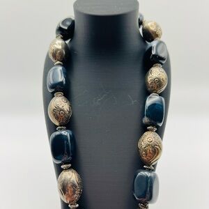 Vintage Chunky Black Bead Necklace Brass Floral Oval Beads 18”